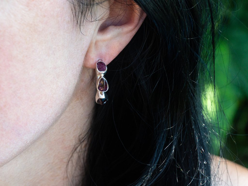 The Frangipani Earrings: Garnet, Rhodonite and Ruby