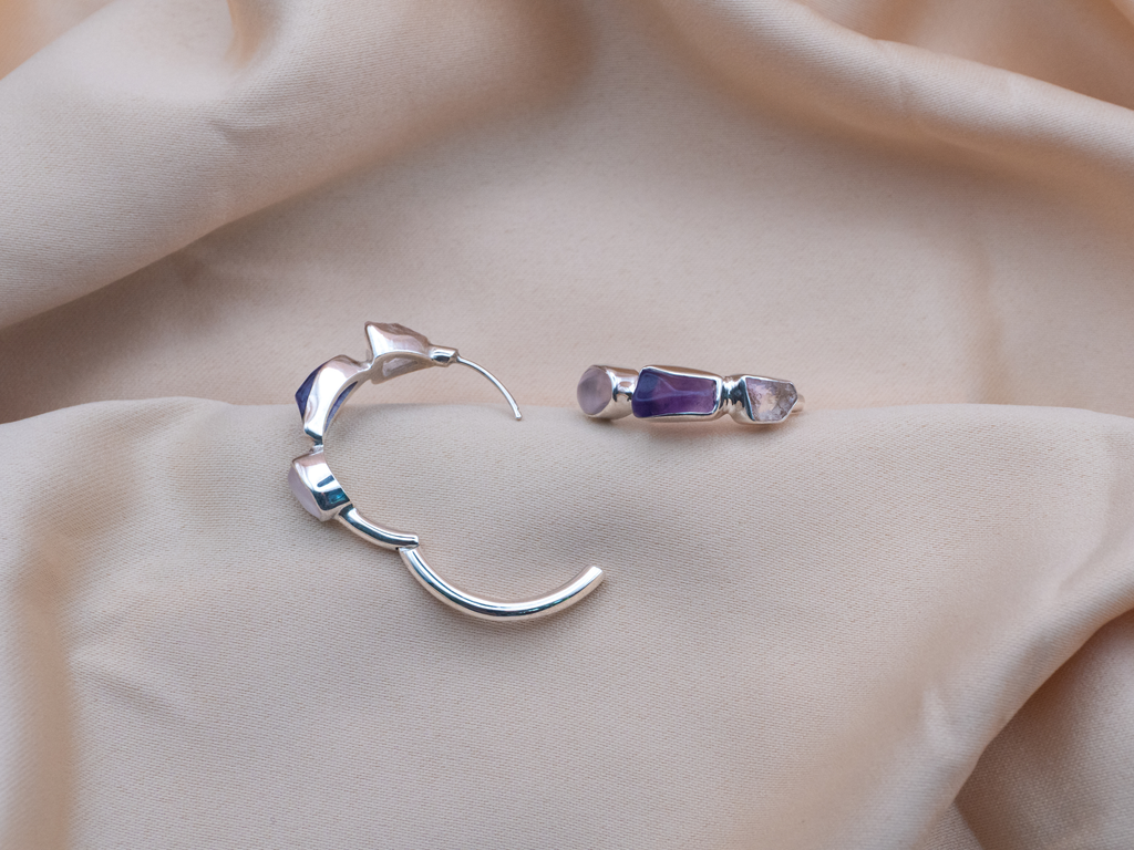 The Frangipani Earrings: Amethyst, Rose Quartz and Ametrine